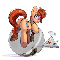 Size: 3000x3000 | Tagged: safe, artist:skitsroom, oc, oc:rusty gears, species:earth pony, species:pony, g4, blushing, butt, fish, fish bowl, high res, looking at you, male, plot, stuck, surprised, tricked