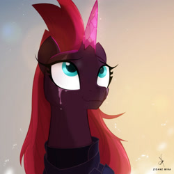 Size: 1984x1984 | Tagged: safe, alternate version, artist:zidanemina, character:fizzlepop berrytwist, character:tempest shadow, species:pony, species:unicorn, g4, my little pony: the movie (2017), alternate hairstyle, armor, bust, crying, crystal horn, female, horn, if only, long mane, looking at something, looking up, mare, prosthetic horn, prosthetics, solo, tears of joy, teary eyes, tempest gets her horn back