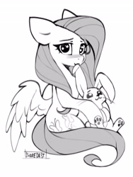 Size: 3084x4096 | Tagged: safe, artist:share dast, character:angel bunny, character:fluttershy, species:pegasus, species:pony, species:rabbit, g4, animal, blushing, cute, female, grayscale, high res, looking at you, male, mare, monochrome, nom, shyabetes, simple background, sitting, solo, white background