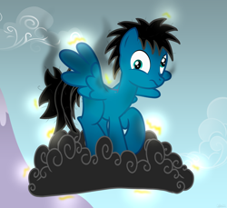 Size: 7200x6600 | Tagged: safe, artist:agkandphotomaker2000, oc, oc:pony video maker, species:pegasus, species:pony, g4, burn, burned, cloud, dark cloud, dizzy, electrified, messy mane, messy tail, mountain, pegasus problems, show accurate, simple background, smoke, thunder cloud