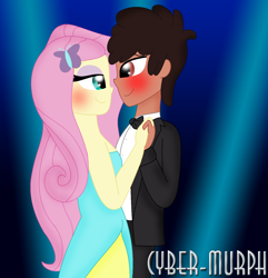 Size: 1432x1488 | Tagged: safe, artist:cyber-murph, character:fluttershy, oc, species:human, g4, my little pony:equestria girls, bow tie, canon x oc, clothing, commission, cute, dancing, dress, fall formal outfits, hat, signature, tuxedo