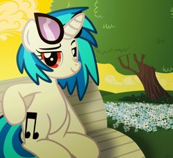 Size: 7200x6600 | Tagged: safe, artist:agkandphotomaker2000, character:dj pon-3, character:vinyl scratch, species:pony, species:unicorn, g4, absurd resolution, afternoon, bench, chillaxing, dj glasses, female, flower, hill, looking at you, raised eyebrows, red eyes, show accurate, sitting, solo, tree