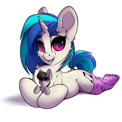Size: 3000x3000 | Tagged: safe, artist:skitsroom, character:dj pon-3, character:octavia melody, character:vinyl scratch, species:earth pony, species:pony, species:unicorn, g4, background pony, chest fluff, clothing, crush plush, cute, ear fluff, female, hoof hold, implied lesbian, implied scratchtavia, implied shipping, mare, open mouth, plushie, simple background, socks, solo, underhoof, vinylbetes, white background