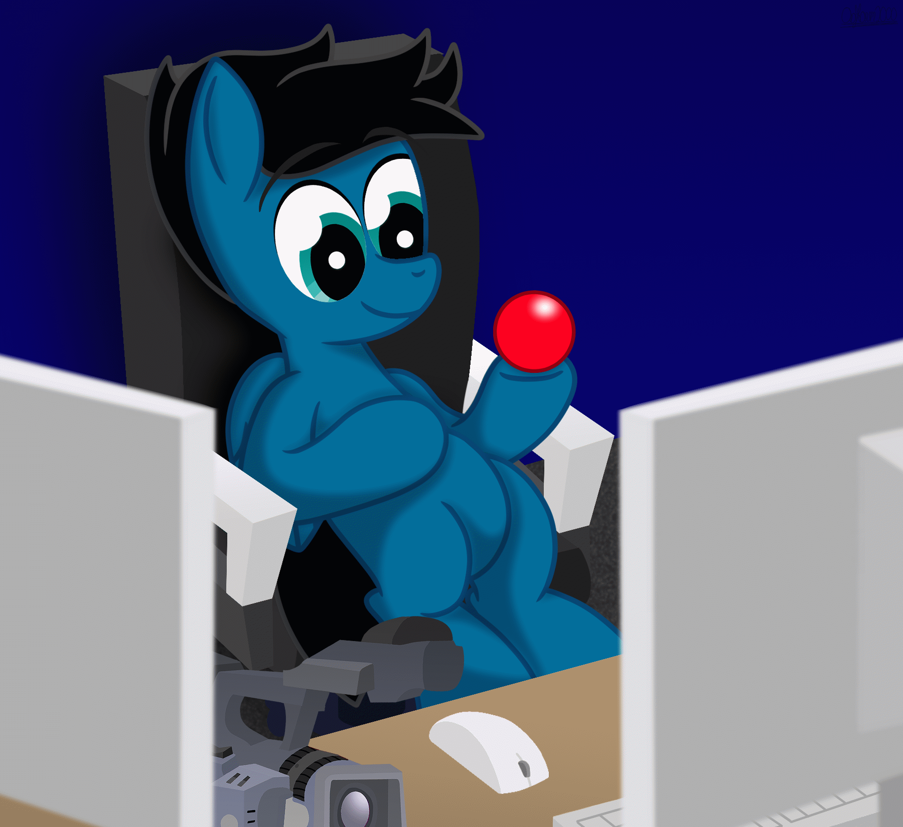 Size: 1800x1650 | Tagged: safe, artist:agkandphotomaker2000, oc, oc:pony video maker, species:pegasus, species:pony, g4, animated, animation loop, ball, camera, catching, chair, computer, desktop, distraction, gif, keyboard, monitor, relaxing, throwing
