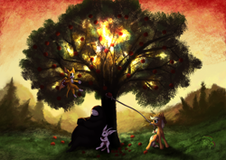 Size: 1654x1169 | Tagged: safe, artist:cafecomponeis, character:applejack, g4, apple, apple tree, crossover, crossover shipping, dust: an elysian tail, fidget, fidget (character), food, lens flare, naru, nimbat, ori and the blind forest, shipping, sun, tree