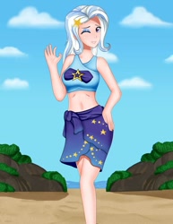 Size: 790x1024 | Tagged: safe, alternate version, artist:focusb, edit, editor:thomasfan45, character:trixie, species:human, g4, my little pony:equestria girls, barrette, beach, belly button, bikini, breasts, busty trixie, clothing, cute, eyeshadow, female, hand on hip, legs, looking at you, makeup, midriff, ocean, one eye closed, outdoors, rock, sand, sarong, sexy, smiling, solo, swimsuit, waving, wink, winking at you