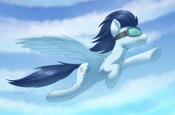 Size: 1693x1119 | Tagged: safe, artist:puetsua, character:soarin', species:pegasus, species:pony, g4, cloud, flying, goggles, gritted teeth, male, old cutie mark, signature, sky, solo, spread wings, stallion, wings