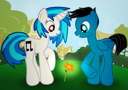 Size: 8544x6008 | Tagged: safe, artist:agkandphotomaker2000, character:dj pon-3, character:vinyl scratch, oc, oc:pony video maker, species:pegasus, species:pony, species:unicorn, g4, admiration, building, bush, canon x oc, female, flower, grass, male, ponyville, raised hoof, shipping, show accurate, straight, stumbling upon, tree, videoscratch
