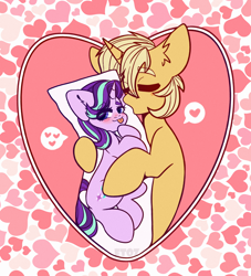 Size: 2000x2200 | Tagged: safe, artist:etoz, character:starlight glimmer, oc, oc:sunlight bolt, species:pony, species:unicorn, g4, blushing, body pillow, canon x oc, commission, cute, female, glimmbolt, happy, heart, high res, horn, kissing, male, mare, pillow, shipping, stallion, tongue out, unicorn oc, ych result
