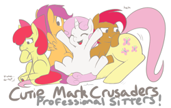 Size: 1099x700 | Tagged: safe, artist:redintravenous, editor:rozyfly10, character:apple bloom, character:babs seed, character:fluttershy, character:scootaloo, character:sweetie belle, species:earth pony, species:pegasus, species:pony, species:unicorn, g4, age difference, apple family member, cutie mark, cutie mark crusaders, eyes closed, eyes on the prize, face down ass up, female, filly, filly on mare, flutterseat, grin, lucky girl, mare, monochrome, open mouth, scrunchy face, sitting, sitting on, sitting on head, sitting on person, sitting on pony, smiling, smirk, stuck, wide eyes