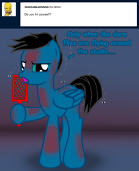 Size: 6440x7921 | Tagged: safe, artist:agkandphotomaker2000, oc, oc:pony video maker, species:pegasus, species:pony, g4, ask, dialogue, fed up, fly, flyswatter, insect, looking at you, show accurate, swatter marks, tumblr, tumblr:pony video maker's blog
