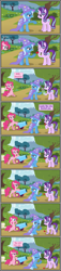 Size: 3564x15588 | Tagged: safe, artist:gutovi, character:pinkie pie, character:starlight glimmer, character:trixie, ship:startrix, g4, bipedal, bipedal leaning, blushing, cape, clothing, comic, competition, confused, engagement, engagement ring, female, flower, hat, hoof hold, hooves behind head, jewelry, leaning, lesbian, magic trick, marriage proposal, party cannon, pinkie pie is not amused, prestidigitation, raised eyebrow, raised hoof, ring, rose, shipping, show accurate, showing off, sleight of hoof, smug, trixie's cape, trixie's hat, unamused, wedding ring