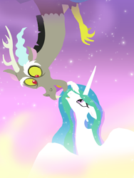 Size: 1200x1600 | Tagged: safe, artist:mr100dragon100, character:discord, character:princess celestia, species:alicorn, species:draconequus, species:pony, ship:dislestia, g4, ethereal mane, female, flying, happy, looking at each other, male, mare, shipping, straight, sunset, upside down