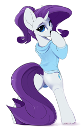 Size: 1968x3000 | Tagged: safe, artist:skitsroom, editor:xbi, character:rarity, species:pony, species:unicorn, g4, bipedal, butt, clothing, dock, female, high res, looking at you, looking back, looking back at you, mare, pajamas, plot, rearity, simple background, solo, white background