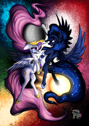 Size: 877x1240 | Tagged: safe, artist:cafecomponeis, character:princess celestia, character:princess luna, species:alicorn, species:pony, g4, abstract background, angry, crown, crying, hoof shoes, horn, horseshoes, jewelry, looking at each other, moon, regalia, relationship, scared, spread wings, sun, wings