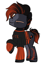 Size: 1377x2057 | Tagged: safe, artist:pegasski, artist:rukemon, base used, oc, oc only, oc:darkened ink, species:earth pony, species:pony, g4, clothing, commission, ear piercing, earring, jewelry, male, markings, one eye closed, piercing, raised hoof, shirt, simple background, solo, stallion, tattoo, transparent background, wink