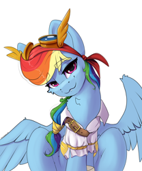 Size: 2500x3000 | Tagged: safe, artist:skitsroom, character:rainbow dash, species:pegasus, species:pony, g4, my little pony: the movie (2017), cheek fluff, clothing, female, high res, pirate, pirate dash, simple background, sitting, smiling, solo, spread wings, white background, wings