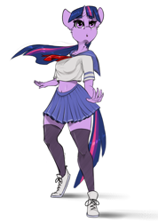 Size: 1461x2048 | Tagged: safe, artist:skitsroom, character:twilight sparkle, species:anthro, g4, clothing, female, open mouth, school uniform, schoolgirl, shoes, simple background, skirt, solo, stockings, thigh highs, white background, zettai ryouiki
