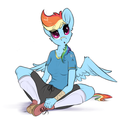 Size: 2048x2048 | Tagged: safe, artist:skitsroom, character:rainbow dash, species:anthro, species:pegasus, species:plantigrade anthro, species:pony, g4, bandaid, clothing, female, open mouth, shoes, shorts, simple background, sitting, socks, solo, white background