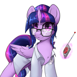 Size: 3000x3000 | Tagged: safe, artist:argodaemon, artist:skitsroom, character:twilight sparkle, character:twilight sparkle (alicorn), character:twilight sparkle (scitwi), species:alicorn, species:eqg human, species:pony, g4, alternate hairstyle, clothing, female, glasses, lab coat, magic, mare, remote, rocket science, rocket surgery, scitwilicorn, simple background, solo, telekinesis, white background