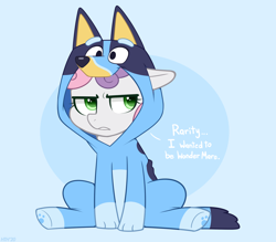 Size: 1600x1400 | Tagged: safe, artist:higgly-chan, character:sweetie belle, species:dog, species:pony, species:unicorn, g4, blue background, bluey, clothing, cosplay, costume, crossover, female, filly, footed sleeper, footie pajamas, kigurumi, onesie, pajamas, simple background, sitting, solo, sweetie belle is not amused, unamused