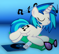 Size: 7200x6600 | Tagged: safe, artist:agkandphotomaker2000, character:dj pon-3, character:vinyl scratch, species:pony, species:unicorn, g4, album cover, dj glasses, earbuds, headphones, hearing to music, ipod, mp3 player, music notes, pillow, resting, show accurate, simple background, vinyl disc