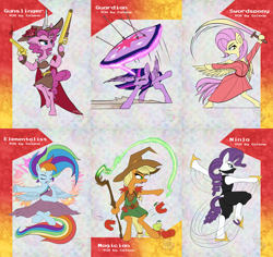 Size: 3507x3308 | Tagged: safe, artist:cafecomponeis, character:applejack, character:fluttershy, character:pinkie pie, character:rainbow dash, character:rarity, character:twilight sparkle, species:pony, g4, badass, clothing, colored, cute, dexterous hooves, flat colors, flutterbadass, gun, hoof hold, horn, magic, magician, magician outfit, mane six, ninja, rpg, shotgun, sword, swordpony, weapon, wings, ych example, your character here