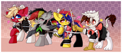Size: 4000x1760 | Tagged: safe, artist:etoz, oc, oc only, oc:anja snow, oc:soleil moonshadow, oc:spacehorse, oc:vermilion brightwing, species:bat pony, species:earth pony, species:griffon, species:pegasus, species:pony, species:unicorn, g4, bat pony oc, bat wings, blushing, bow, clothing, commission, earth pony oc, female, gradient background, griffon oc, group, hair bow, happy, horn, maid, maid headdress, mare, one eye closed, open mouth, paws, pegasus oc, rapier, saber, skirt, smiling, socks, stockings, sword, thigh highs, unicorn oc, weapon, wings, wink