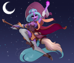 Size: 3500x3000 | Tagged: safe, artist:skitsroom, oc, oc only, oc:eleane tih, species:anthro, species:pony, species:unicorn, g4, book, boots, broom, clothing, crescent moon, flying, flying broomstick, halloween, hat, high heel boots, high heels, high res, holiday, horn, knee-high boots, magic, moon, open mouth, shoes, solo, spellbook, stars, unicorn oc, witch, witch hat