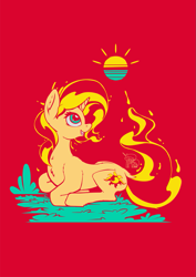 Size: 935x1323 | Tagged: safe, artist:cafecomponeis, character:sunset shimmer, species:pony, g4, colored, female, flat colors, grass, limited color, limited palette, lying down, red background, simple background, solo