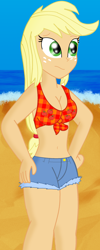 Size: 1574x3949 | Tagged: safe, artist:cyber-murph, character:applejack, species:eqg human, g4, my little pony:equestria girls, beach, belly button, bikini, breasts, busty applejack, clothing, cropped, female, midriff, ocean, shorts, solo, swimsuit