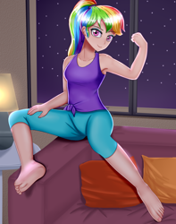 Size: 1500x1900 | Tagged: safe, alternate version, artist:focusb, character:rainbow dash, species:human, g4, alternate hairstyle, armpits, barefoot, clothing, feet, female, flexing, humanized, lamp, leggings, looking at you, night, off shoulder, pillow, ponytail, sexy, shorts, sitting, sleeveless, smiling, solo, stars, stupid sexy rainbow dash, tank top