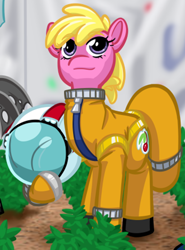 Size: 750x1015 | Tagged: safe, artist:texasuberalles, character:cherry berry, species:earth pony, species:pony, fanfic:the maretian, g4, astronaut, clothing, cropped, fanfic, fanfic art, female, food, helmet, mare, plants, pose, smiling, space suit, the martian