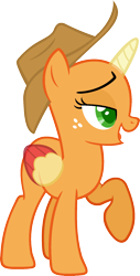 Size: 975x1926 | Tagged: safe, artist:pegasski, character:applejack, oc, oc only, species:alicorn, species:pony, episode:fame and misfortune, g4, my little pony: friendship is magic, alicorn oc, bald, base, bedroom eyes, clothing, eyelashes, freckles, hat, horn, open mouth, raised hoof, simple background, smiling, solo, transparent background, two toned wings, wings