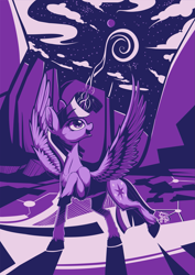 Size: 1169x1654 | Tagged: safe, artist:cafecomponeis, character:twilight sparkle, character:twilight sparkle (alicorn), species:alicorn, species:pony, g4, colored, female, flat colors, horn, limited color, limited palette, magic, moon, mountain, solo, stars, wings