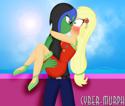 Size: 2064x1760 | Tagged: safe, artist:cyber-murph, character:applejack, character:surprise, oc, oc:lightning voice, equestria girls:spring breakdown, g4, my little pony: equestria girls, my little pony:equestria girls, beret, canon x oc, carrying, clothing, female, geode of super strength, glasses, hat, jeans, kissing, lesbian, magical geodes, pants, ponytail, signature, surprise kiss, tank top