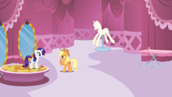 Size: 1280x720 | Tagged: safe, artist:boneswolbach, artist:dashiesparkle edit, edit, editor:jaredking203, character:applejack, character:rarity, species:earth pony, species:pony, species:unicorn, g4, carousel boutique, clothing, female, hat, mare, vector, vector edit