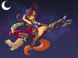 Size: 3900x2900 | Tagged: safe, artist:skitsroom, oc, oc only, oc:rusty gears, species:anthro, species:pony, g4, boots, broom, bubble helmet, clothing, clothing theft, crescent moon, flying, flying broomstick, halloween, hat, high heel boots, high heels, high res, holiday, moon, scarf, shoes, slippers, sock, socks, solo, space helmet, striped socks, witch, witch hat