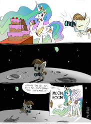 Size: 804x1100 | Tagged: safe, artist:kturtle, character:featherweight, character:princess celestia, species:alicorn, species:pegasus, species:pony, bait and switch, cake, cakelestia, moon, moon room, room, time out, to the moon