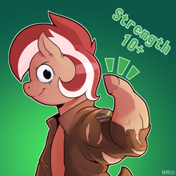 Size: 2000x2000 | Tagged: safe, artist:raph13th, oc, oc only, oc:roulette, species:earth pony, species:pony, fallout equestria, g4, buff, clothing, female, flexing, grin, high res, jacket, looking at you, muscles, ripping clothes, simple background, smiling, stronk