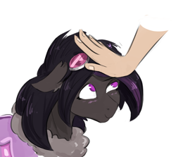 Size: 1132x1010 | Tagged: safe, artist:testostepone, oc, oc only, oc:mimicry, species:changeling, g4, blushing, goggles, original species, patting, purple changeling, simple background, white background