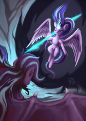 Size: 1169x1654 | Tagged: safe, artist:cafecomponeis, character:starlight glimmer, species:alicorn, species:demon pony, species:pony, g4, alicornified, angelic, angelic wings, angry, cave, demon, demon wings, epic, evil, fight, looking at each other, magic, original species, painting, race swap, self paradox, serious, serious face, spear, starlicorn, weapon, wings, xk-class end-of-the-world scenario