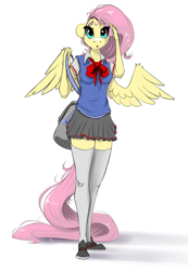 Size: 1415x2048 | Tagged: safe, artist:skitsroom, character:fluttershy, species:anthro, species:pegasus, species:plantigrade anthro, species:pony, g4, breasts, clothing, open mouth, ribbon, school uniform, schoolgirl, simple background, skirt, stockings, thigh highs, uniform, white background