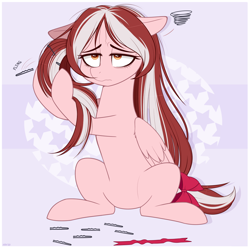 Size: 1108x1100 | Tagged: safe, artist:higgly-chan, oc, oc only, oc:cherry blossom, species:pegasus, species:pony, g4, bow, commission, floppy ears, hairpin, messy mane, pegasus oc, solo, tired, wings