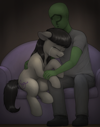 Size: 2325x2954 | Tagged: safe, artist:zippysqrl, character:octavia melody, oc, oc:anon, species:human, species:pony, g4, clothing, comforting, consoling, couch, crying, embrace, female, hug, sad, shirt, shoes
