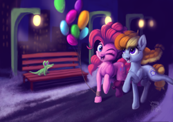 Size: 6614x4677 | Tagged: safe, artist:cafecomponeis, character:gummy, character:pinkie pie, oc, oc:aurelia coe, species:earth pony, species:pony, g4, alligator, balloon, bench, building, canon x oc, cute, digital art, female, happy, high res, lamppost, mare, not rainbow dash, one eye closed, open mouth, painting, skyscraper, snow, walking, wink