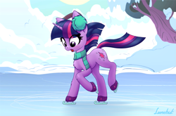 Size: 2159x1424 | Tagged: safe, artist:lunebat, character:twilight sparkle, character:twilight sparkle (unicorn), species:pony, species:unicorn, episode:winter wrap up, g4, my little pony: friendship is magic, season 1, chest fluff, clothing, cute, earmuffs, female, ice, ice skates, ice skating, leg fluff, mare, open mouth, scarf, scene interpretation, signature, solo, this will end in pain, twiabetes