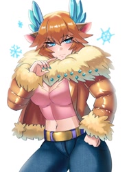 Size: 900x1200 | Tagged: safe, artist:tzc, character:velvet reindeer, species:human, them's fightin' herds, g4, anime, belly button, blushing, breasts, busty velvet reindeer, cleavage, female, humanized, looking at you, nail polish, simple background, white background