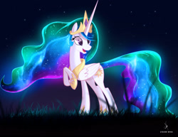 Size: 2960x2282 | Tagged: safe, artist:zidanemina, character:princess celestia, species:alicorn, species:pony, g4, crown, ethereal mane, female, glowing mane, grass, happy, jewelry, mare, night, open mouth, regalia, smiling, solo