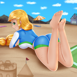 Size: 2000x2000 | Tagged: safe, alternate version, artist:focusb, character:applejack, species:human, g4, my little pony:equestria girls, applebutt, barefoot, body freckles, breasts, busty applejack, butt, clothing, feet, female, freckles, hatless, human coloration, looking at you, looking back, looking back at you, missing accessory, sand, solo, stetson, swimsuit, the pose
